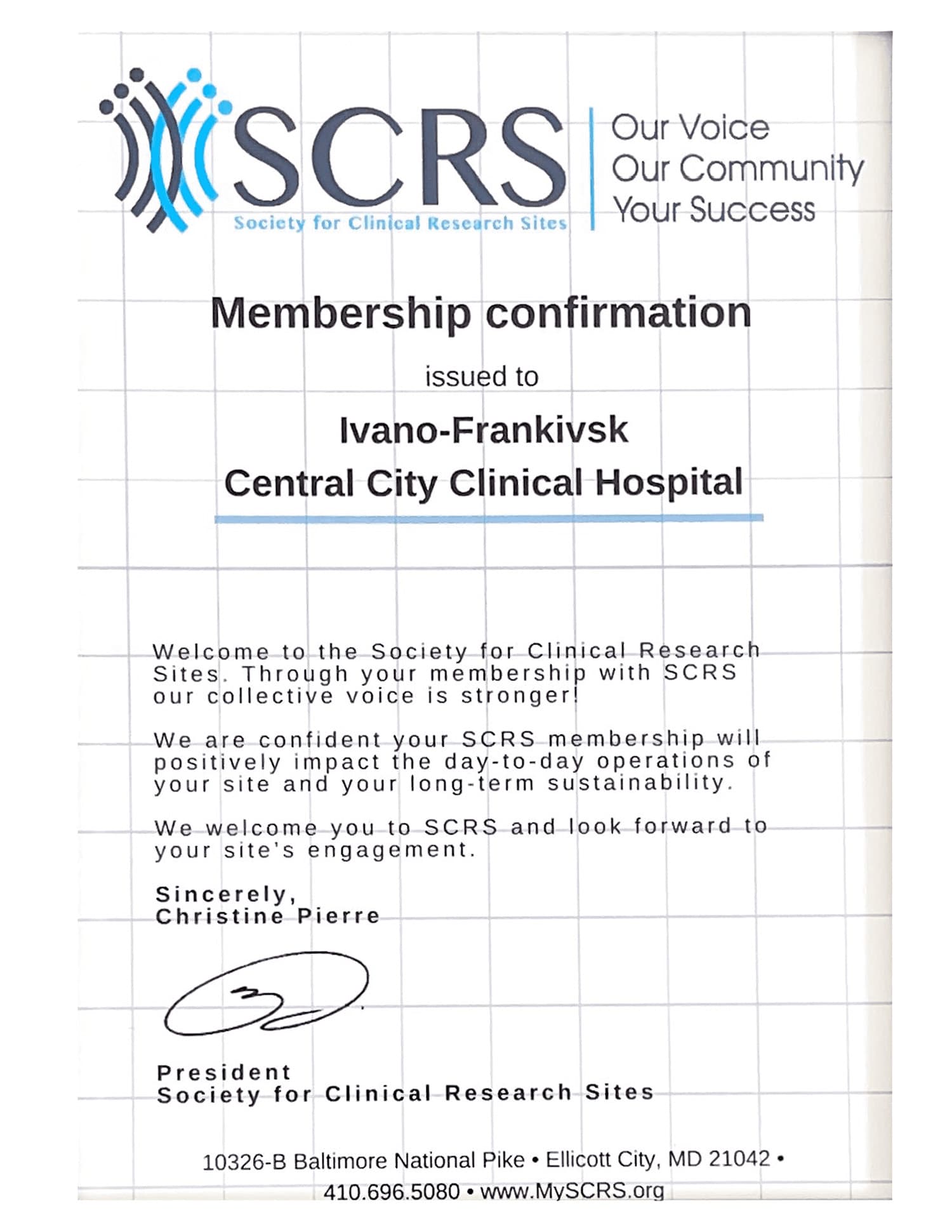 Підтвердження членства Society for Clinical Research Sites